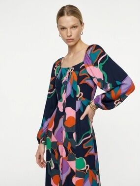 FRNCH PARIS JENINE DAY MIDI-DRESS FLORAL FLOWY RESORT-WEAR EURO-SUMMER BOHO SZ M